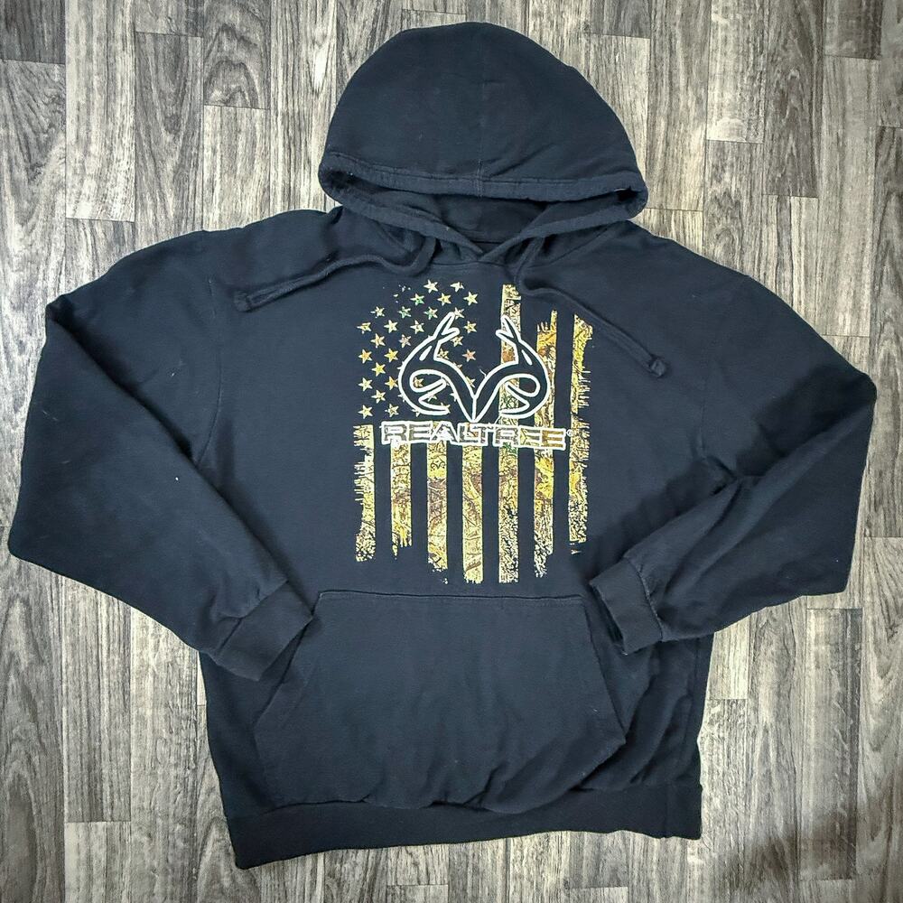Realtree Black USA Flag Hoodie Medium Staghorn Creek Patriotic Pullover M